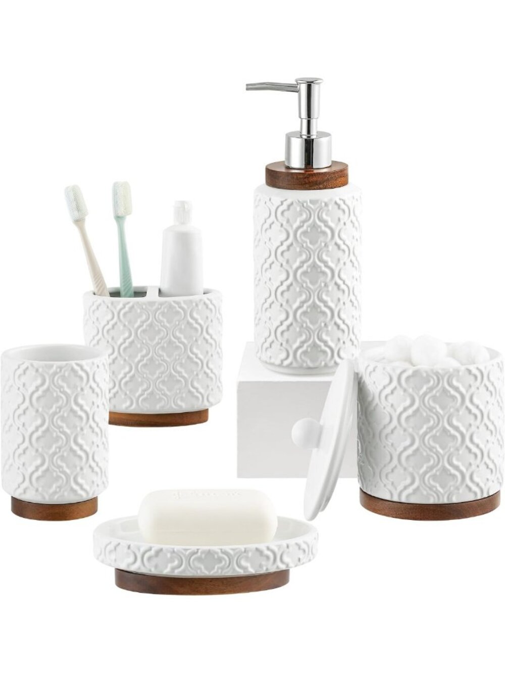 Elegant 5-Piece Ceramic & Wood Bathroom Set: Soap Dispenser, Toothbrush Holder